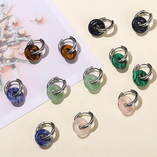 Natural Stone Donut Shape Silver Hoop Earrings