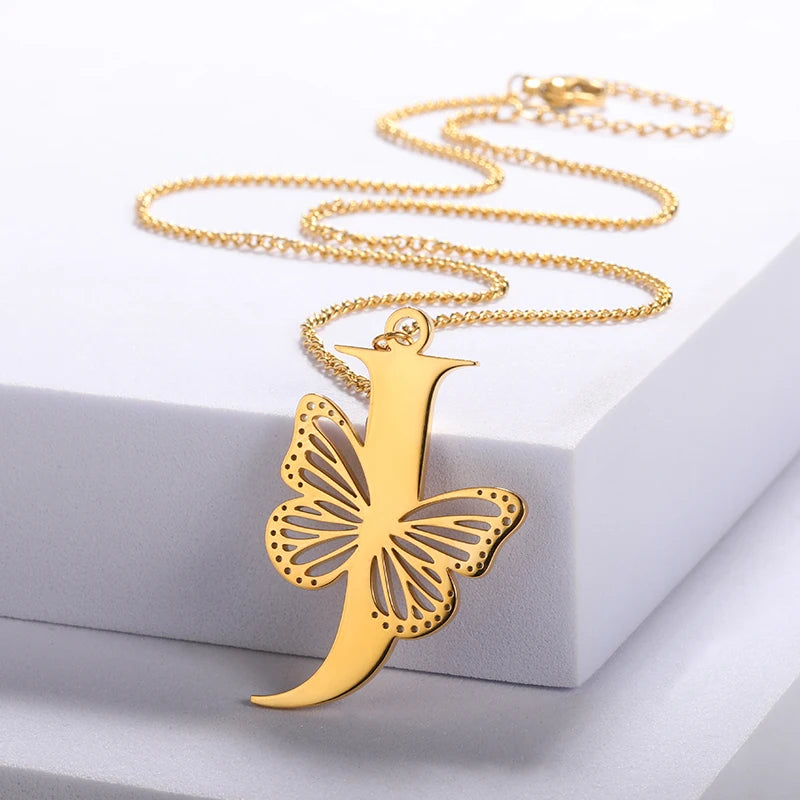 Dainty Butterfly Initial Letters Pendant Necklaces