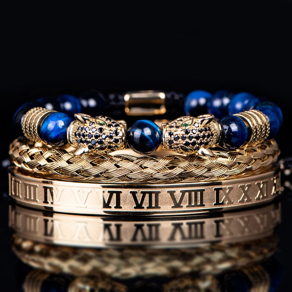 Luxury Double Leopard Head Roman Numeral Bracelet Sets