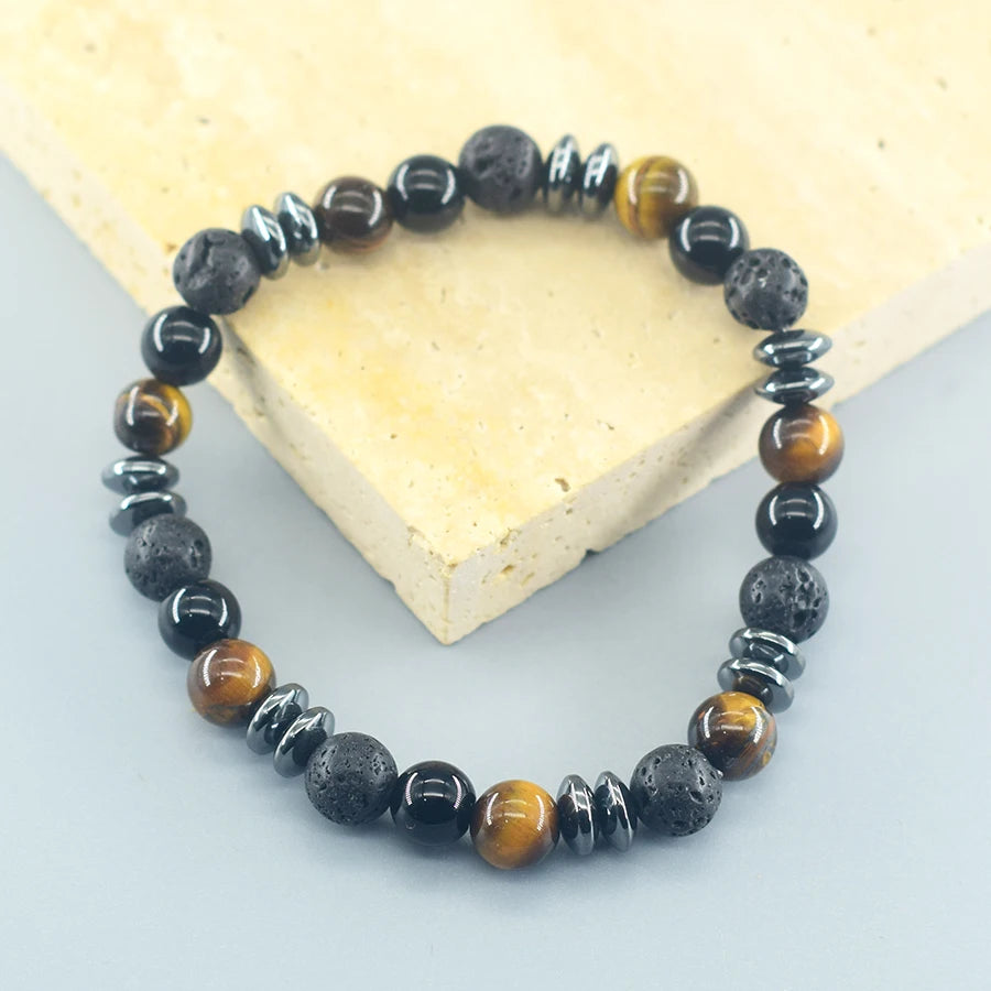 Dark Series Black Natural Labradorite Stone Lava Bead Bracelets