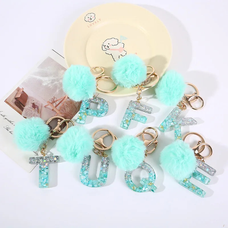 Aqua Flow 26 Initials Letter Key Pendant With Green Blue Fluffy Pompom