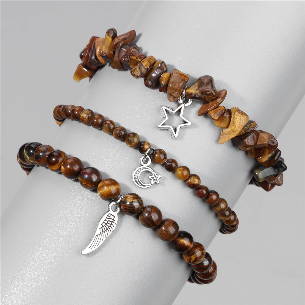 Natural Stone Healing Star Moon Feather Pendant Bracelets Sets
