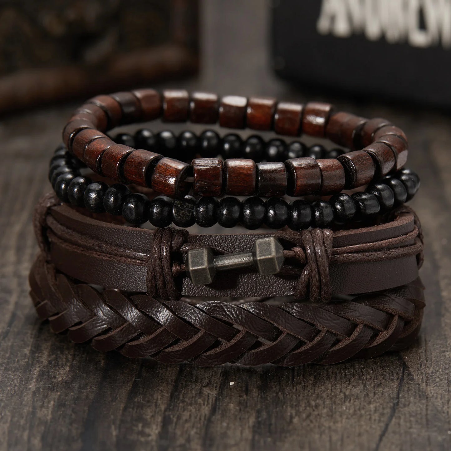 Vintage Leather Charm Wood Beads Bracelets