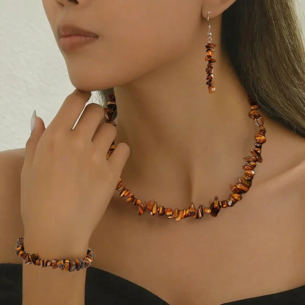 Gorgeous Natural Stone Crystal Bead Necklace Earrings Bracelet Jewelry Set