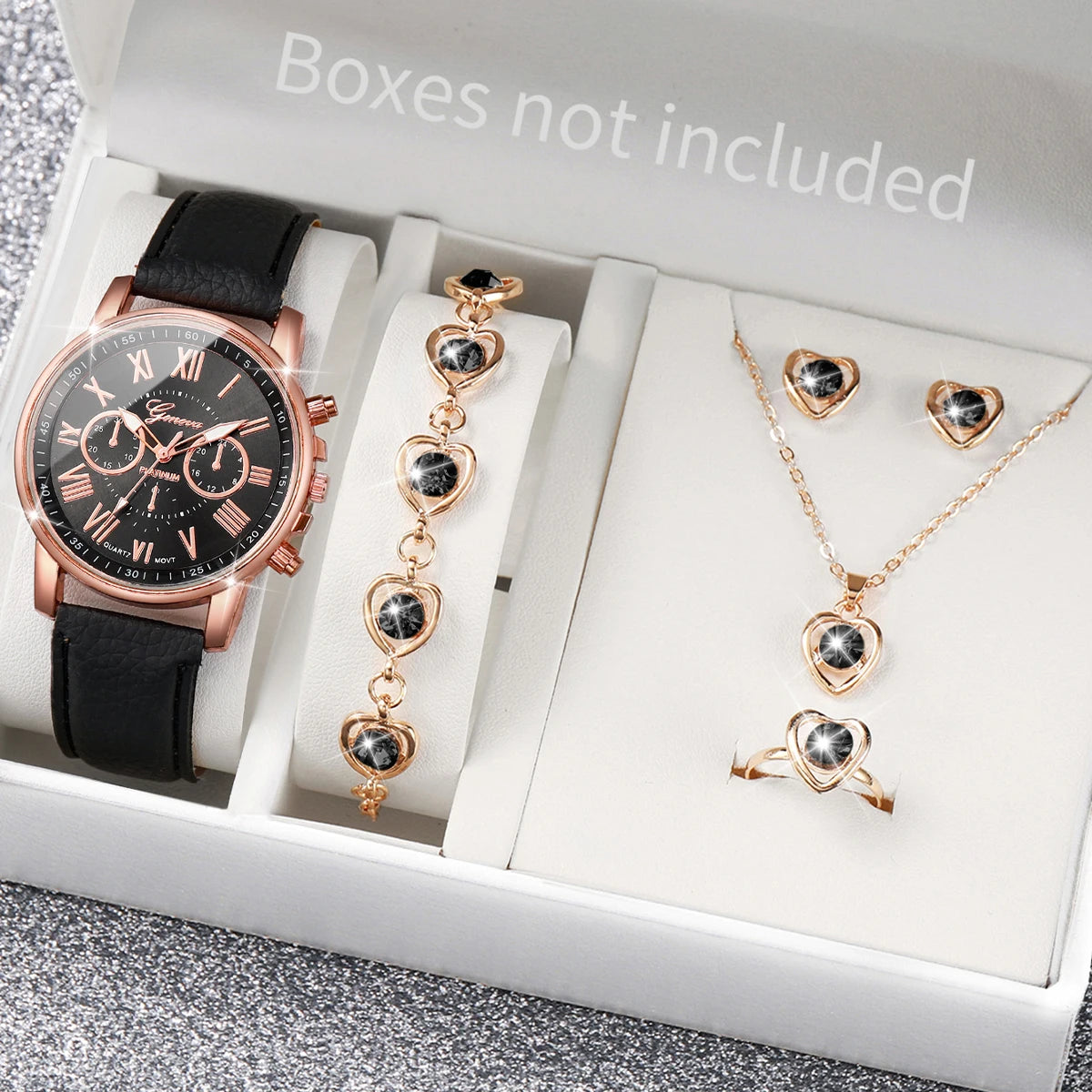 Luxury Leather Band Analog Wrist Watches & Heart Rhinestone Jewelry Set