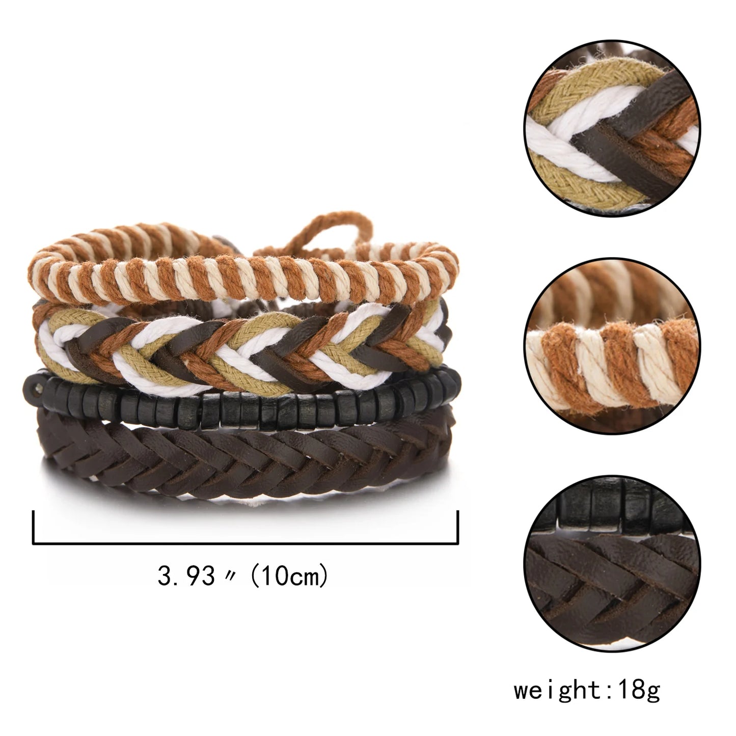 Black Brown & White Braided Leather Wood Bracelet Sets