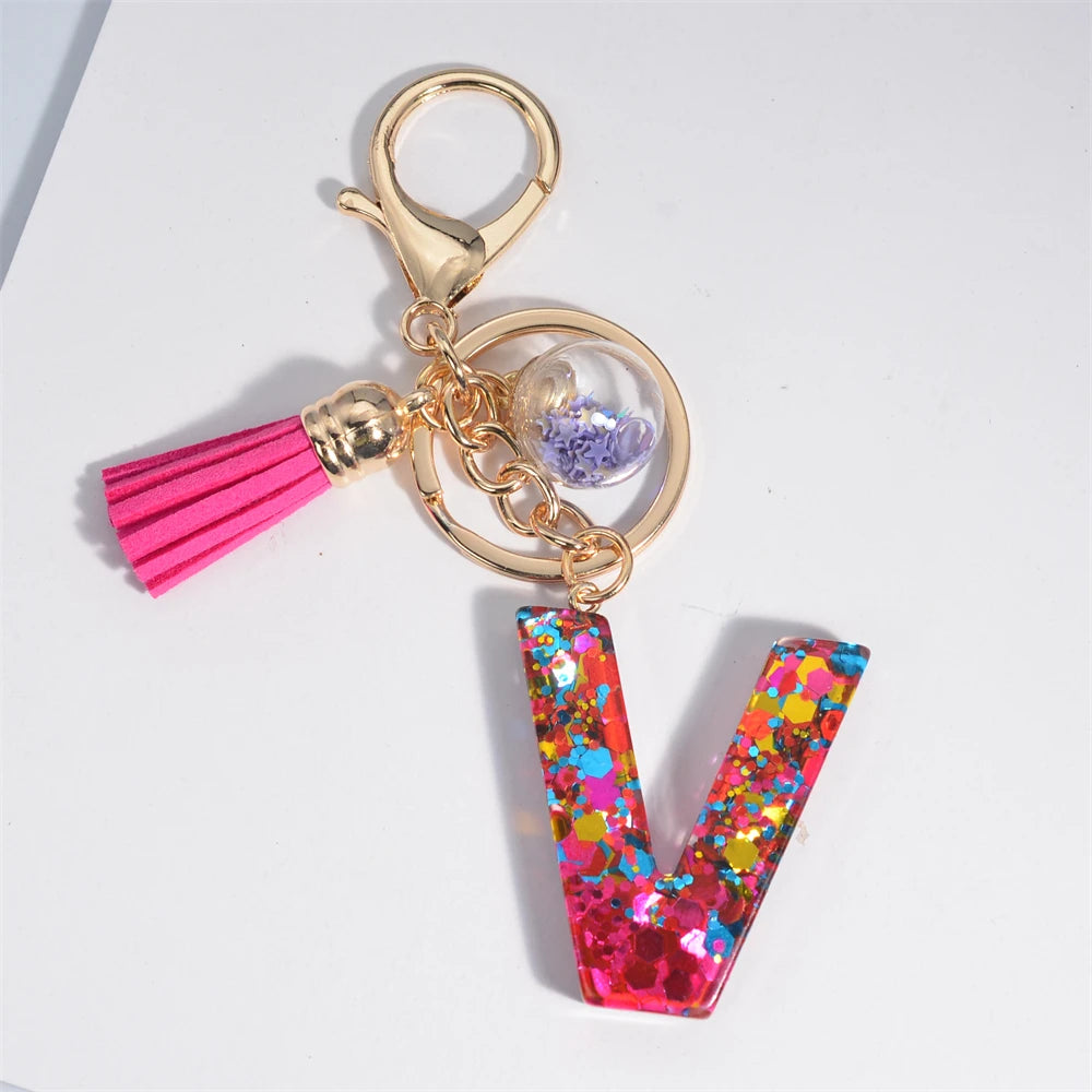 Mystery Star Ball 26 Letters Tassel Fuchsia Keychain