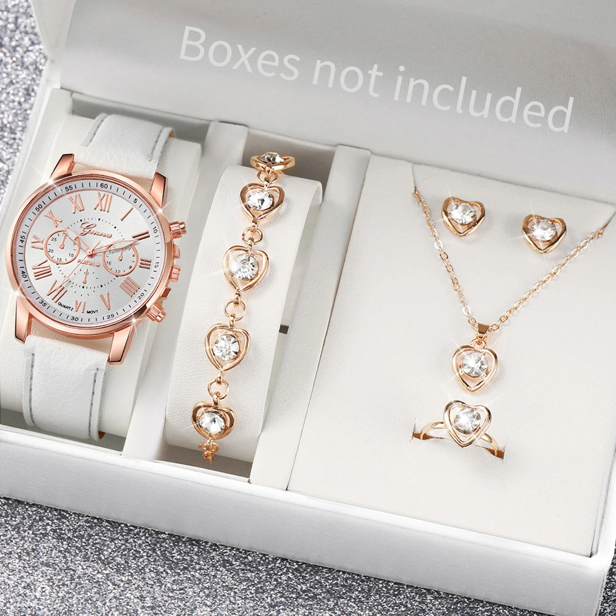 Luxury Leather Band Analog Wrist Watches & Heart Rhinestone Jewelry Set
