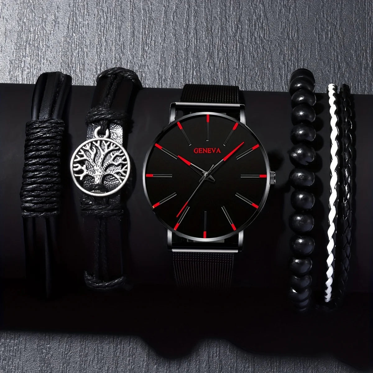 Exquiste Black Quartz Watch & 4pcs Black Tree Of Life Bracelet Set