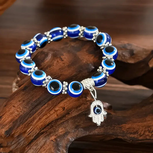 Blue Evil Eye Hand Charm Beaded Bracelet
