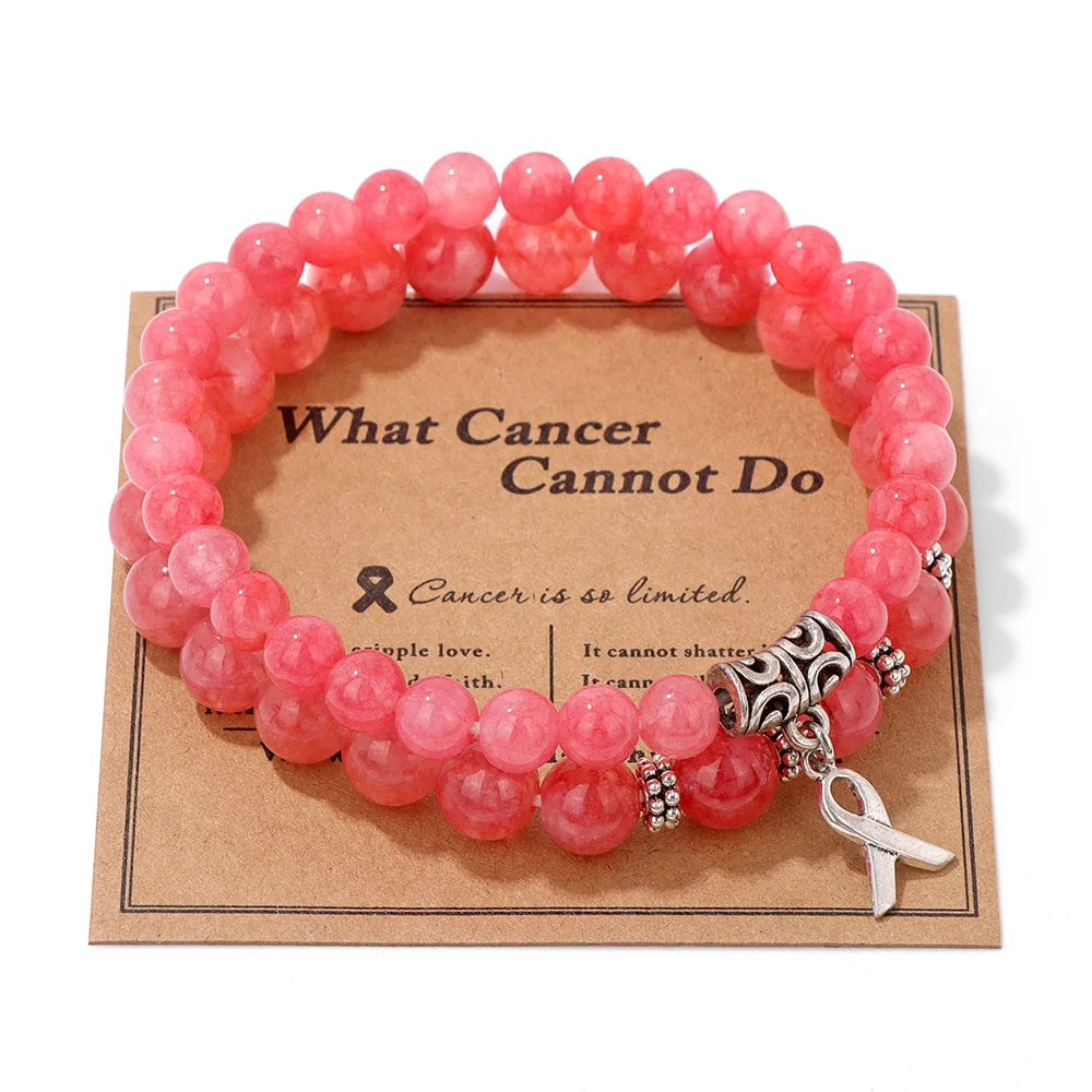 Pink Care Health Ribbon Charm Natural Stone Bracelet