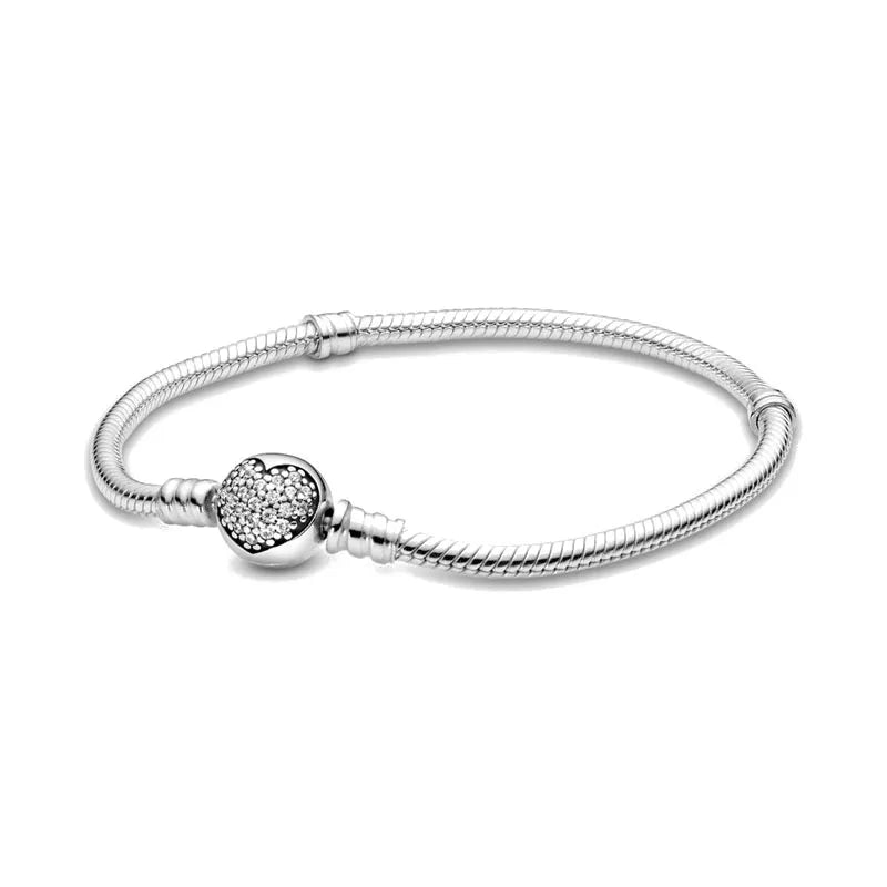 European Heart Round Clasp Clip Snake Chain Bracelet