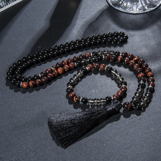 Red Tiger Eye Black Onyx Beaded Necklace Jewelry Set