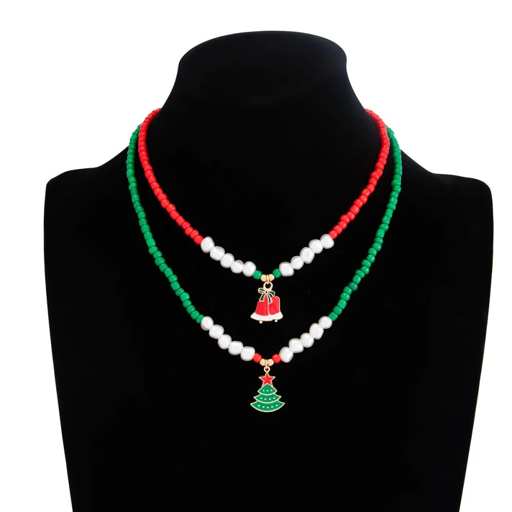 Classic Pearl Christmas Tree Bell Double Layered Pendant Necklace