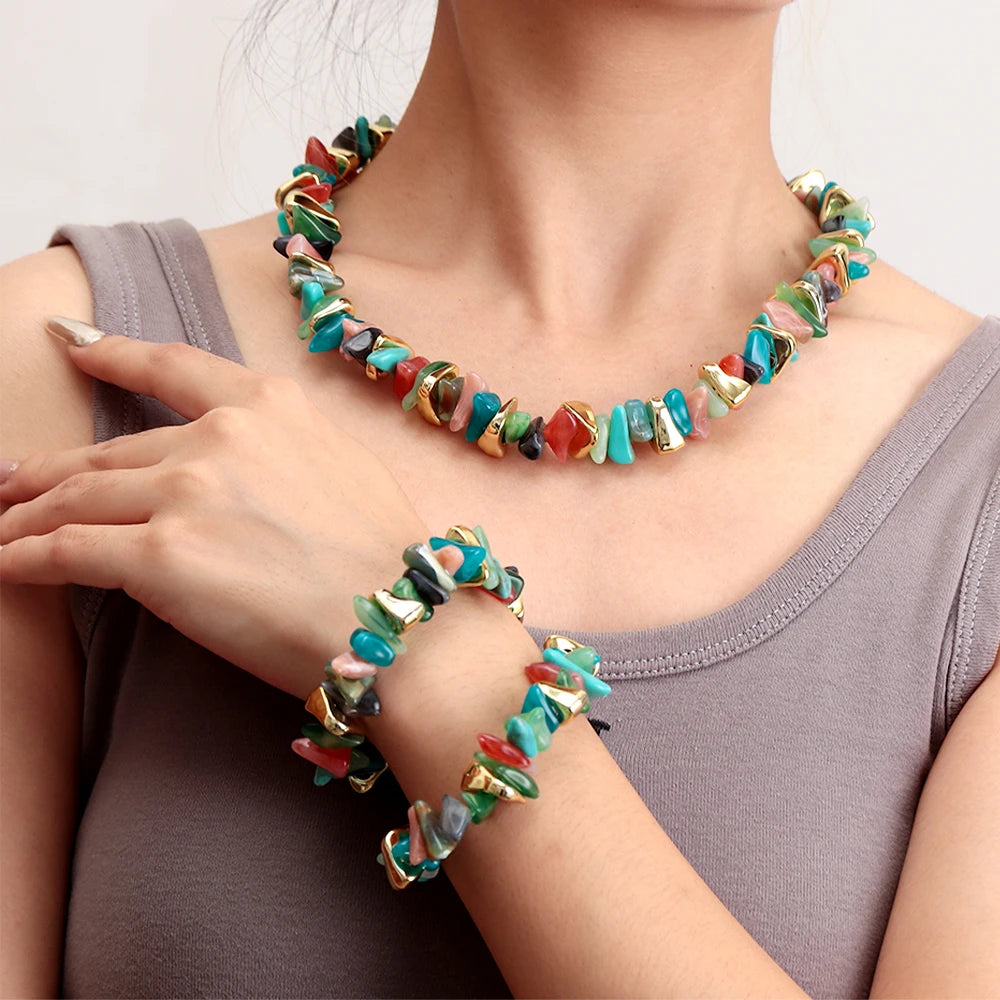 Gold Colorful Chip Stone Beads Necklace Bracelet Sets