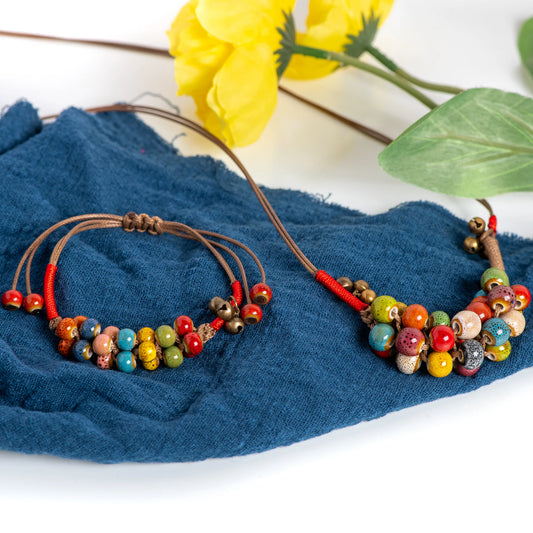 Beautiful Vintage Ceramic Beaded Necklace and Bracelet Set