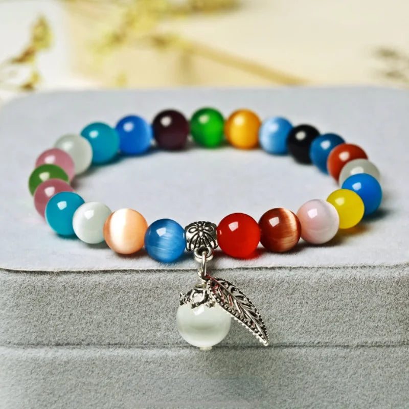 Gorgeous Leaf pendant Cat's Eye Stone Crystal Bracelet