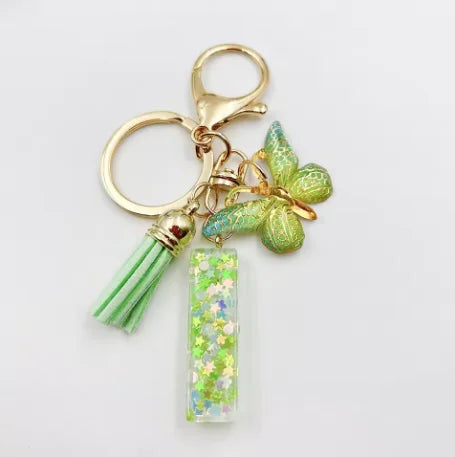 Spring Green Color Glitter Initial Letter Key Chain With Butterfly Tassel Pendant ﻿
