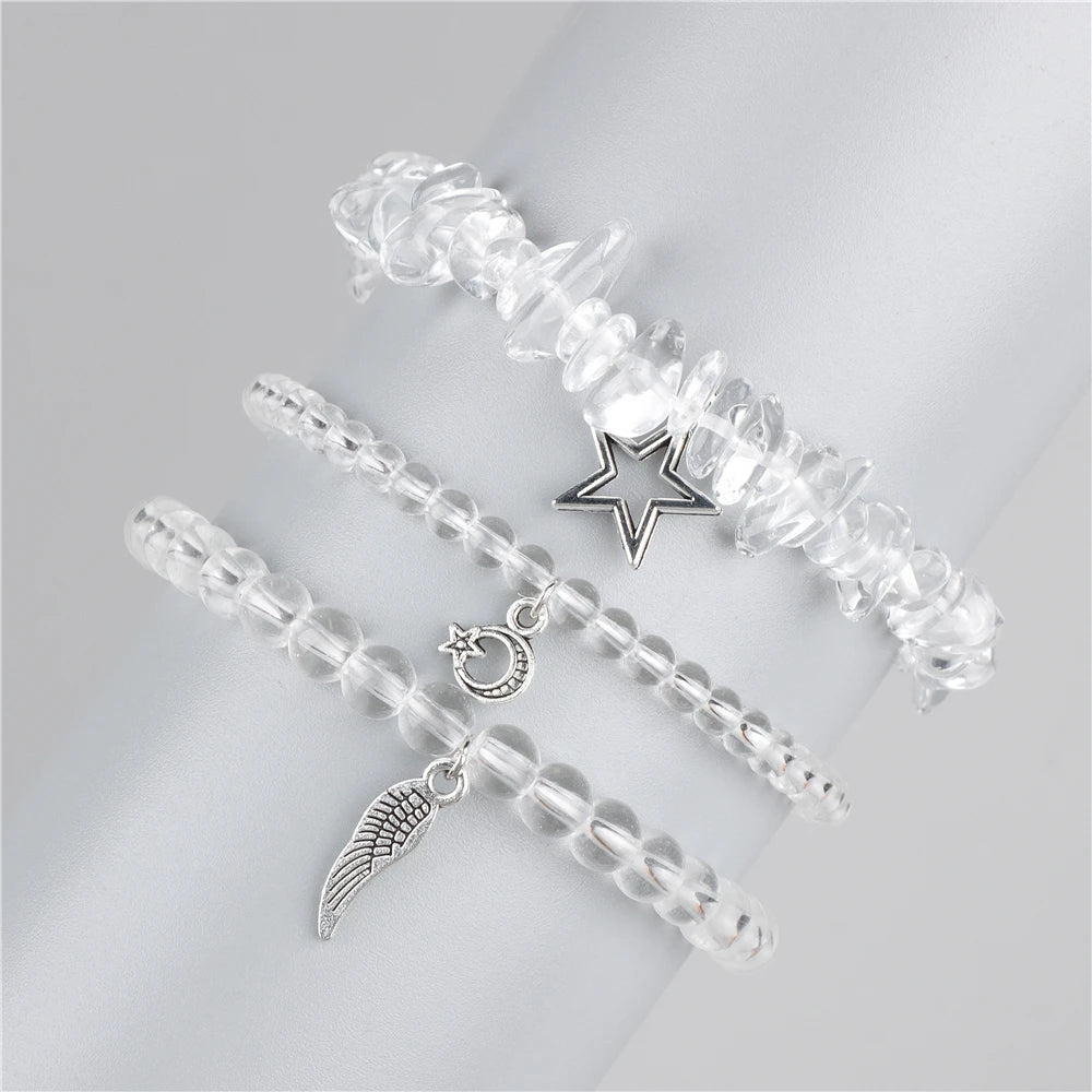 Natural Stone Healing Star Moon Feather Pendant Bracelets Sets