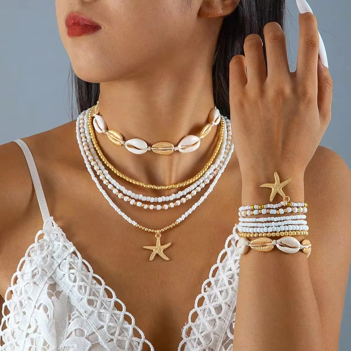 Bohemia Beach Fashion Shell Starfish Pendant Necklace & Bracelet Set
