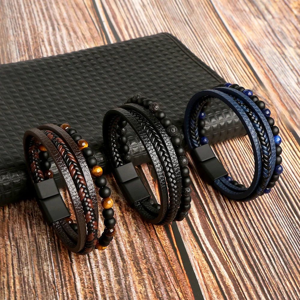 Tree of Life Tiger Eye Beaded Multi-Layer Leather Bracelets