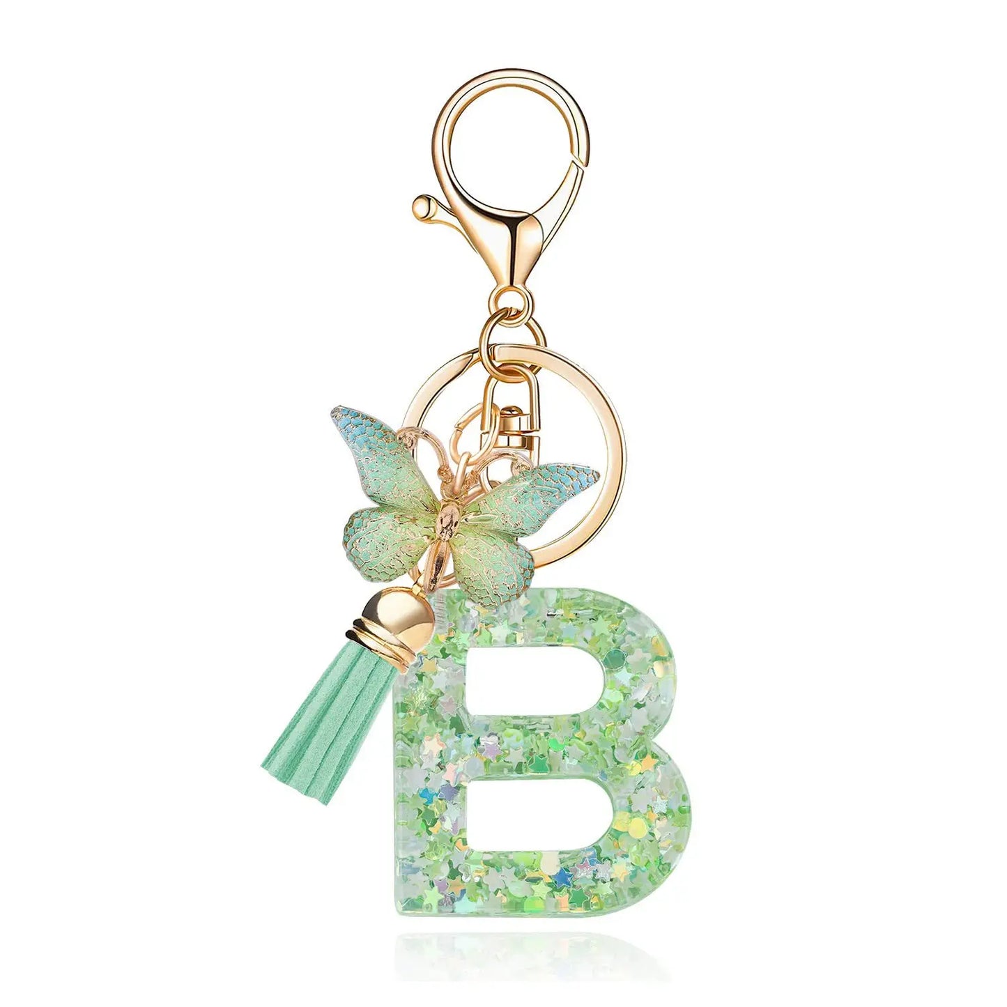 Spring Green Color Glitter Initial Letter Key Chain With Butterfly Tassel Pendant ﻿
