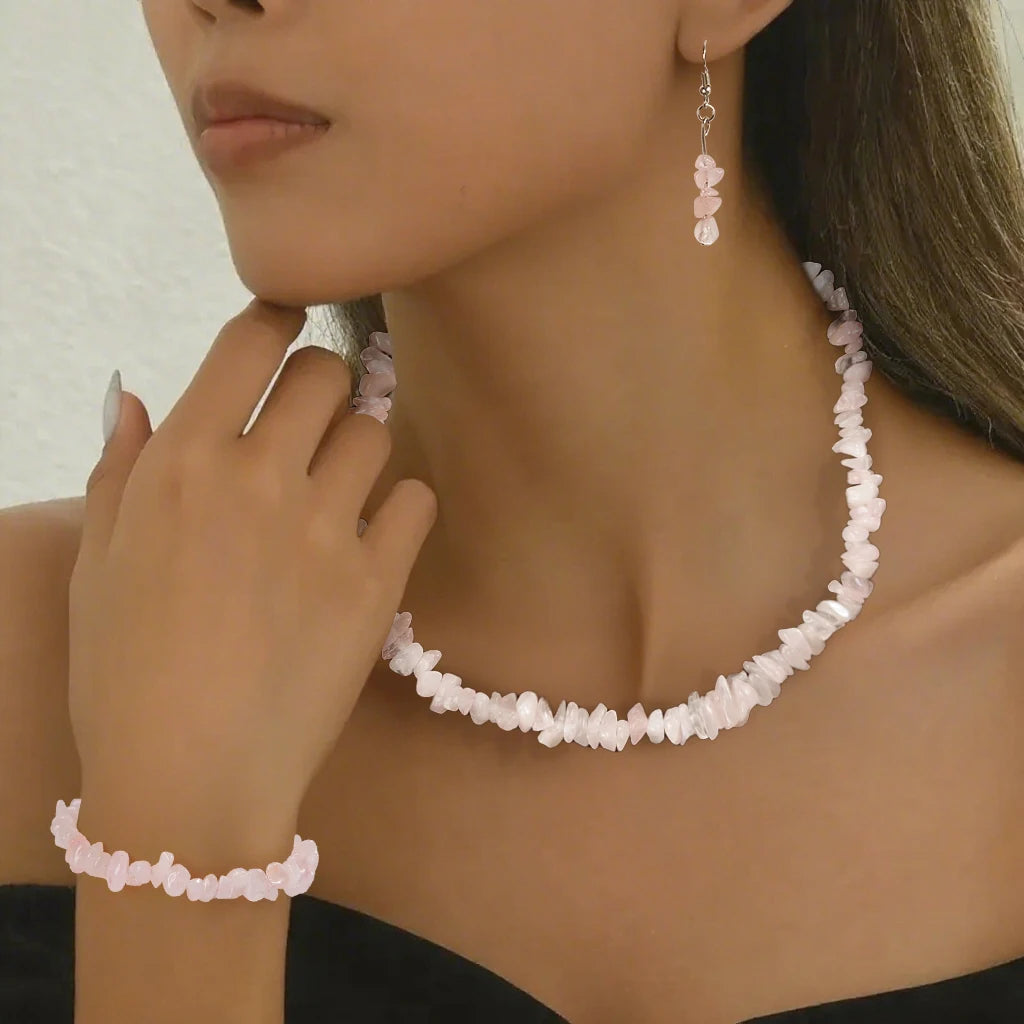 Gorgeous Natural Stone Crystal Bead Necklace Earrings Bracelet Jewelry Set