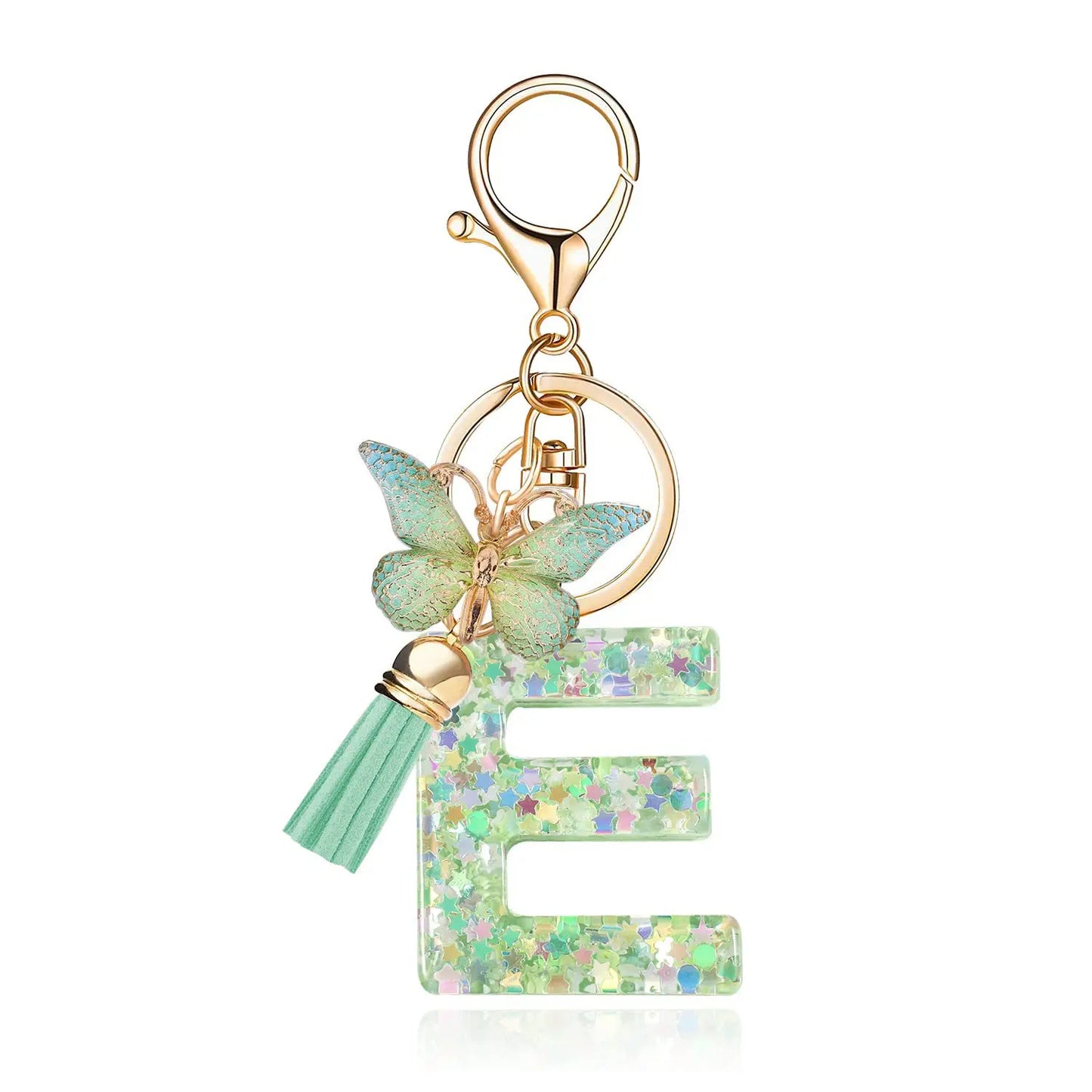 Spring Green Color Glitter Initial Letter Key Chain With Butterfly Tassel Pendant ﻿