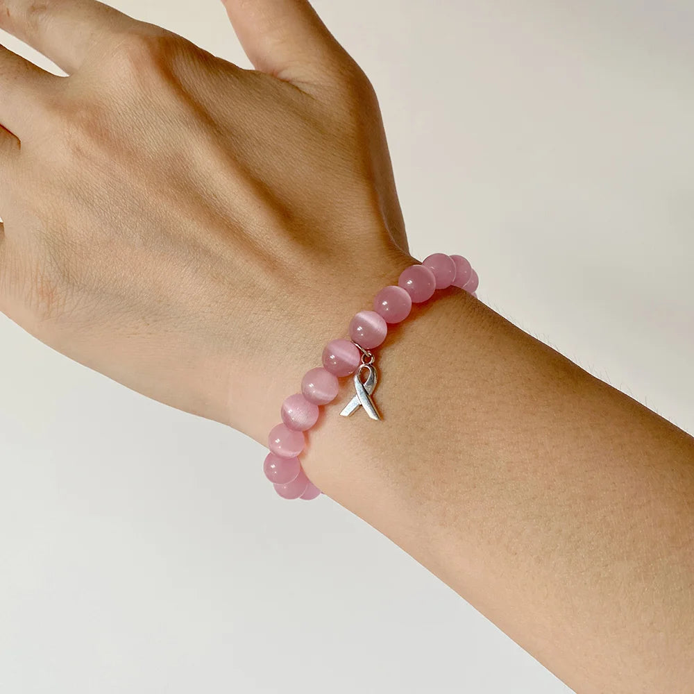 Beautiful Pink Ribbon Charm Breast Cancer Awareness Beads Bracelets