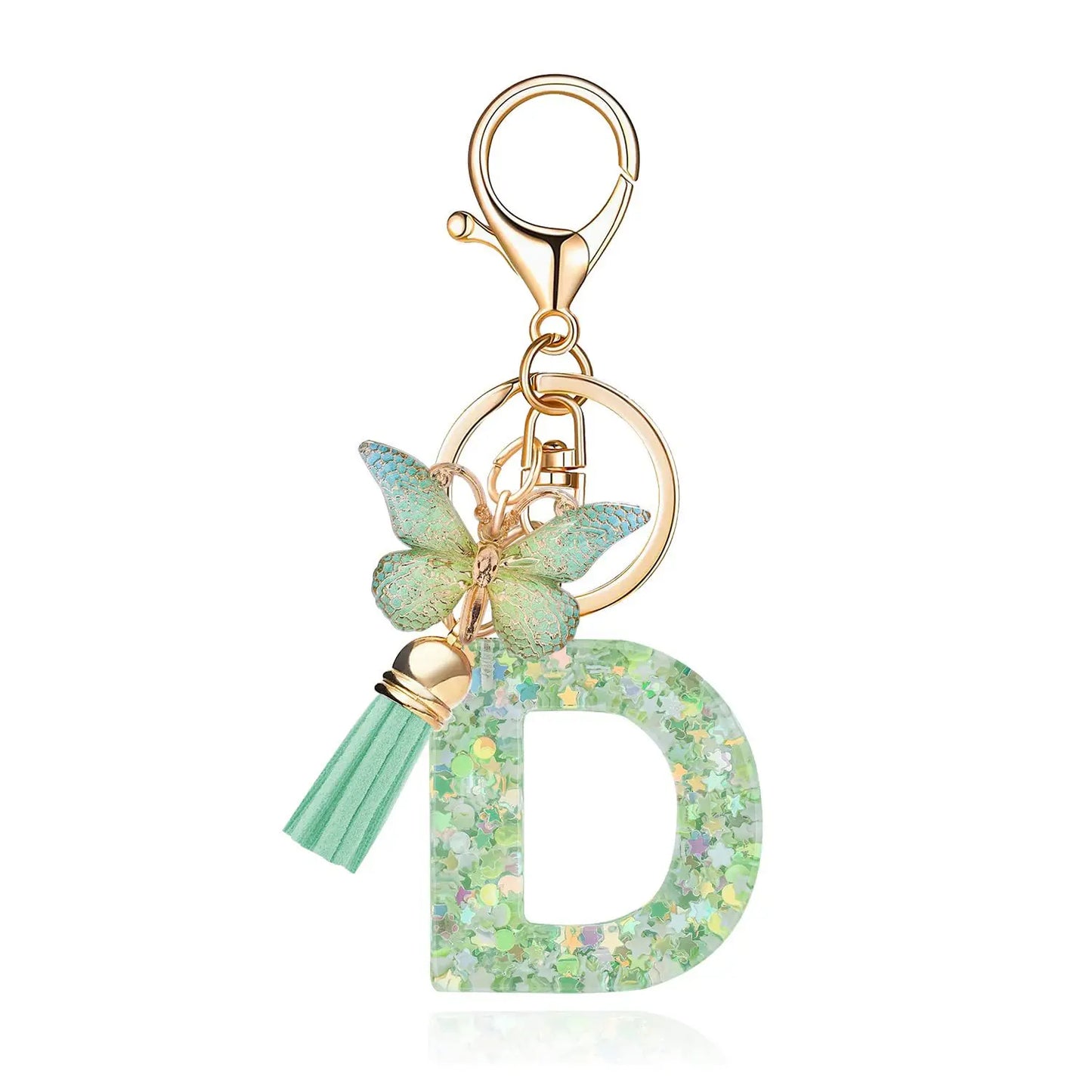 Spring Green Color Glitter Initial Letter Key Chain With Butterfly Tassel Pendant ﻿