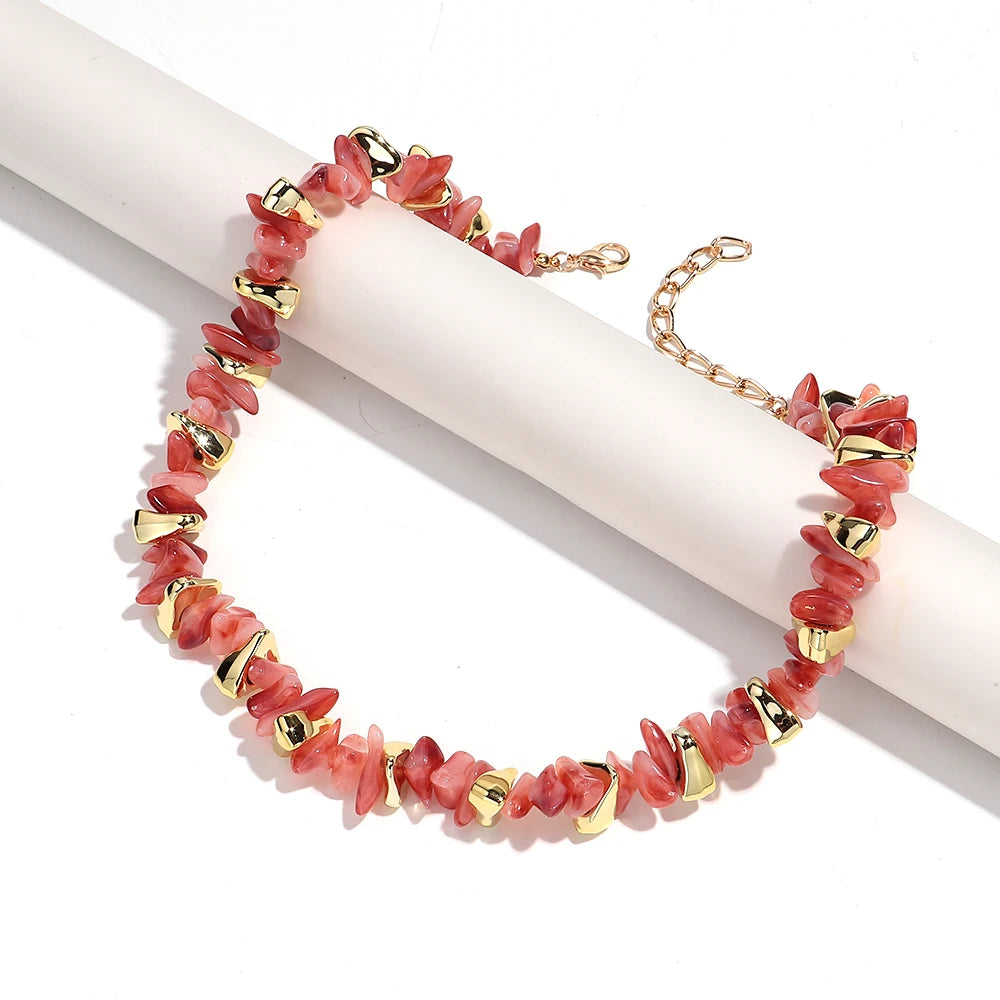 Gold Colorful Chip Stone Beads Necklace Bracelet Sets