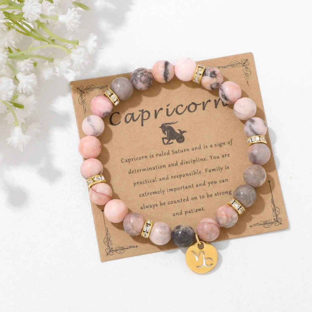 Pink Zebra Stone 12 Star Constellation Sign Beaded Bracelets
