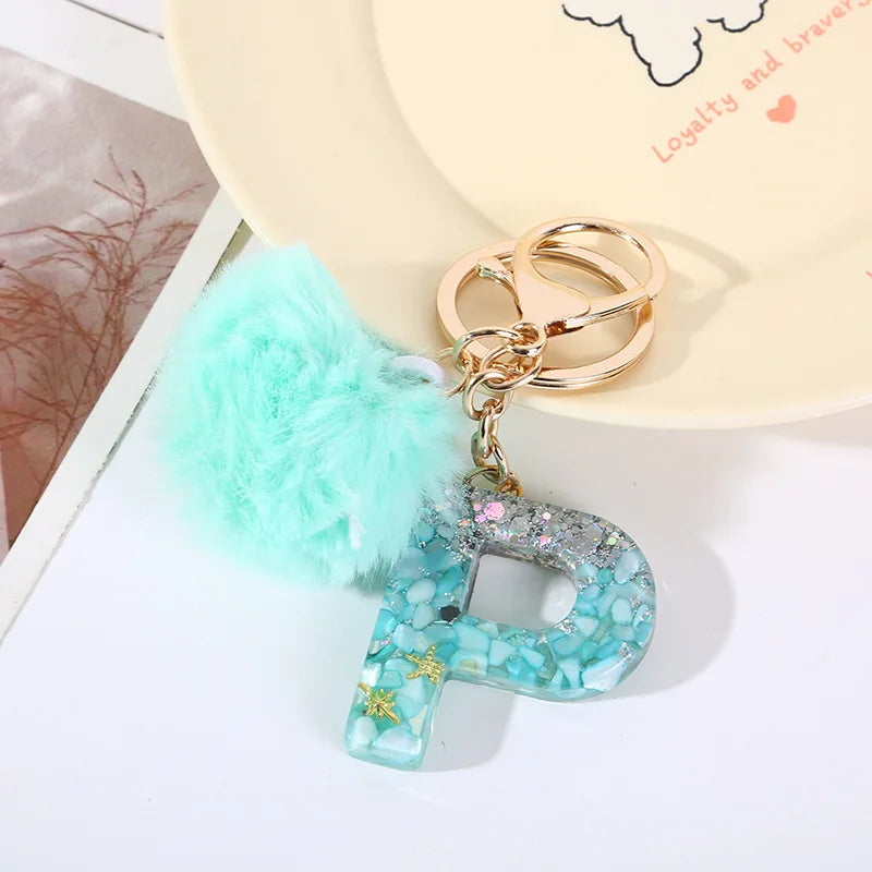 Aqua Flow 26 Initials Letter Key Pendant With Green Blue Fluffy Pompom