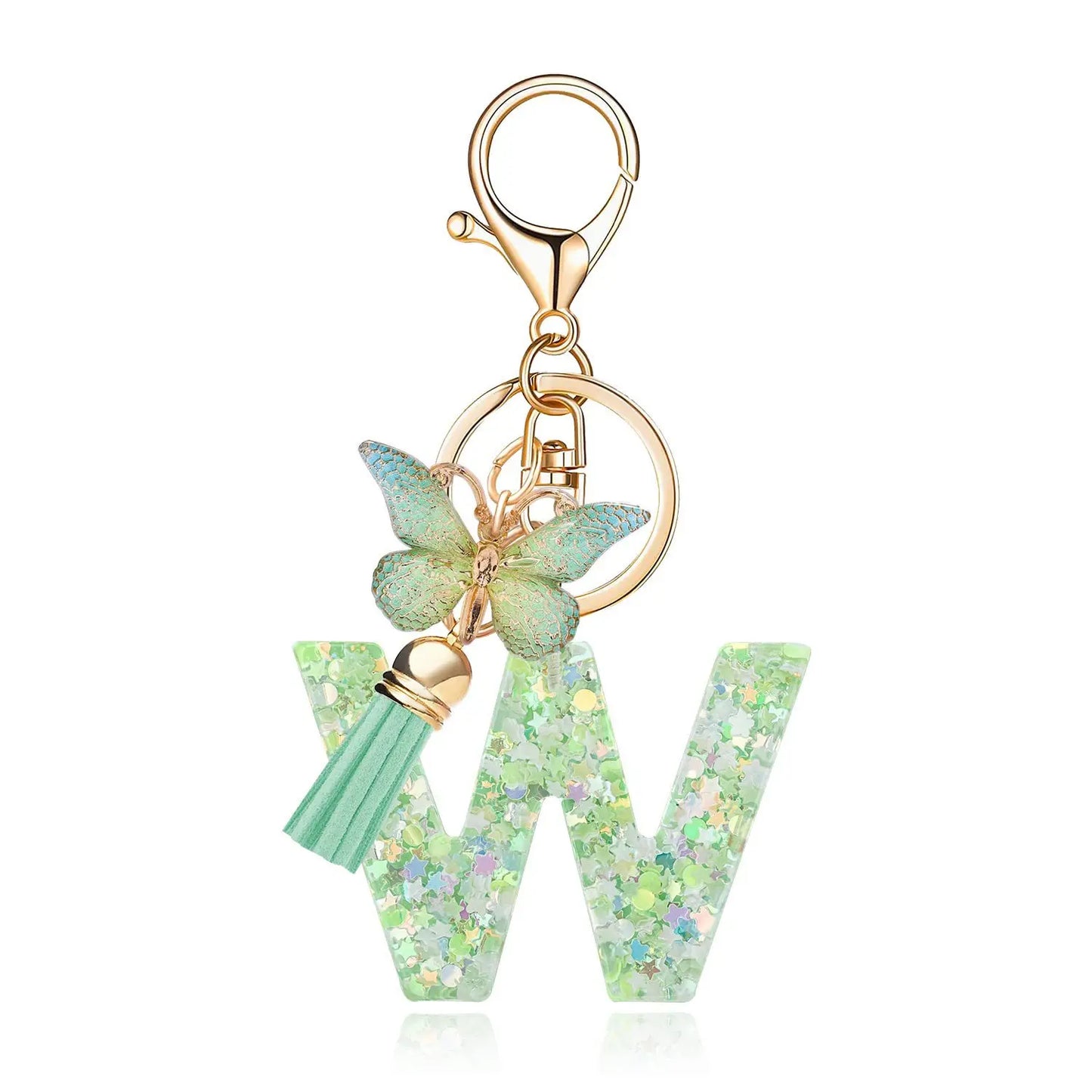 Spring Green Color Glitter Initial Letter Key Chain With Butterfly Tassel Pendant ﻿