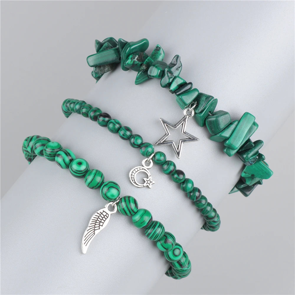 Natural Stone Healing Star Moon Feather Pendant Bracelets Sets