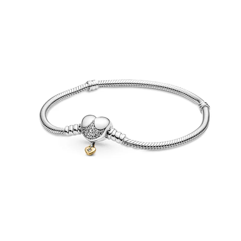 European Heart Round Clasp Clip Snake Chain Bracelet