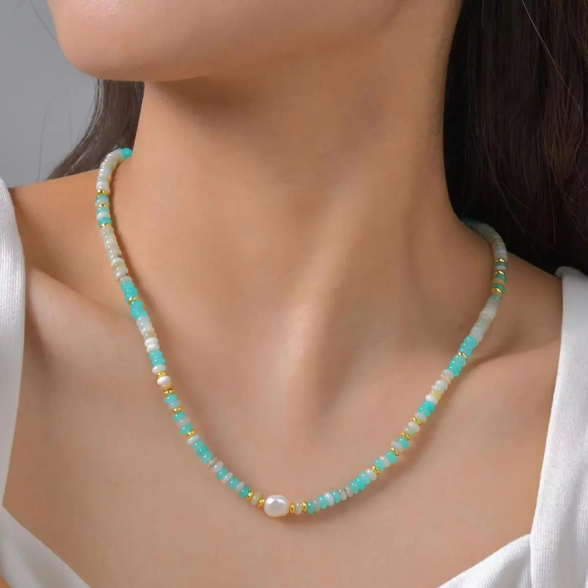 Beautiful Gold Blue White Natural Stone Beaded Necklace