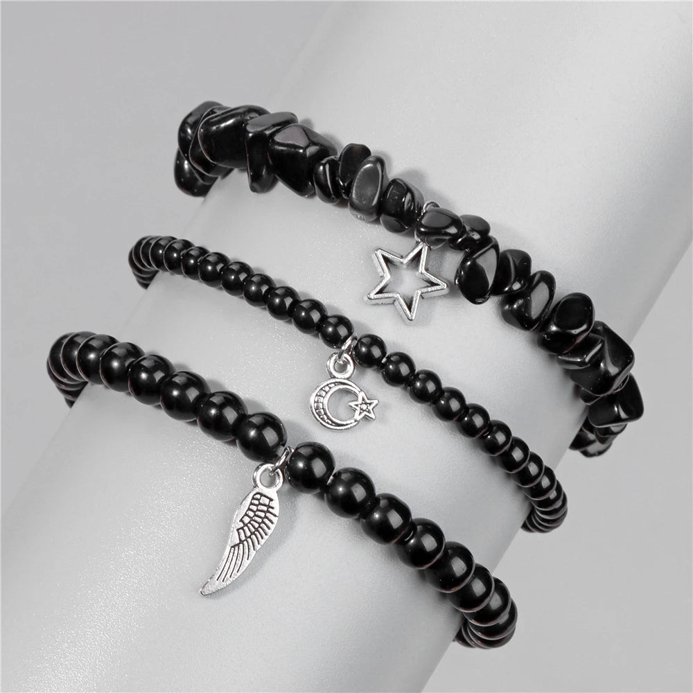 Natural Stone Healing Star Moon Feather Pendant Bracelets Sets
