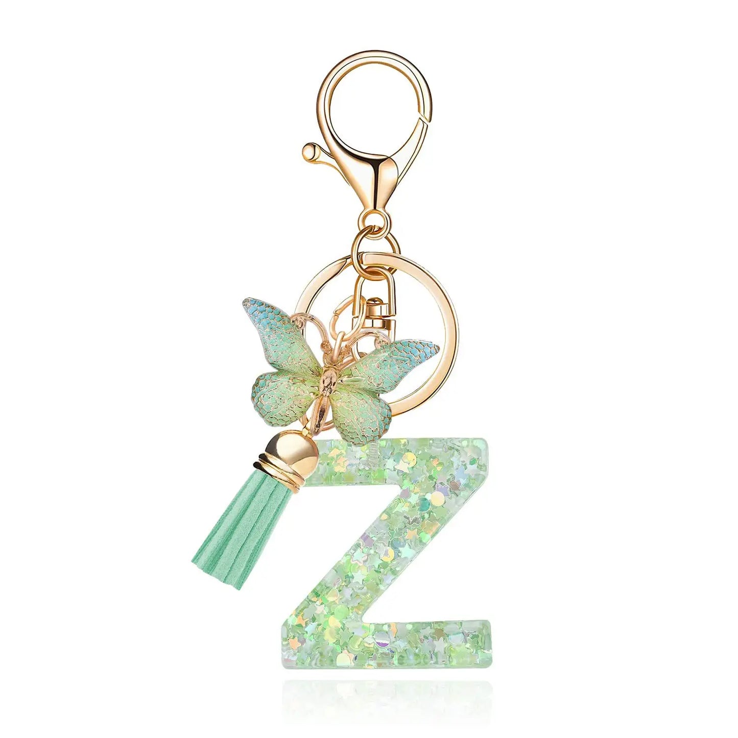 Spring Green Color Glitter Initial Letter Key Chain With Butterfly Tassel Pendant ﻿