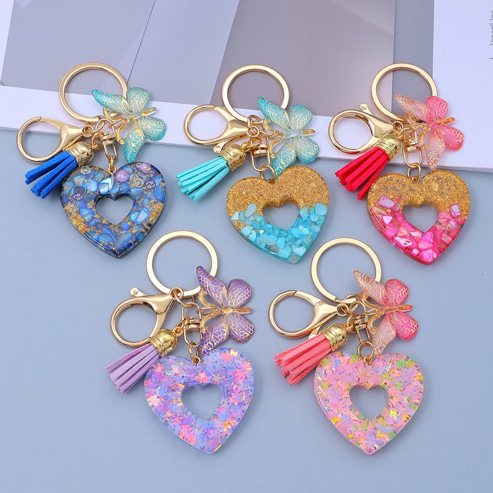 Creative Sequin Love Heart Keychain with Cute Butterfly Tassel