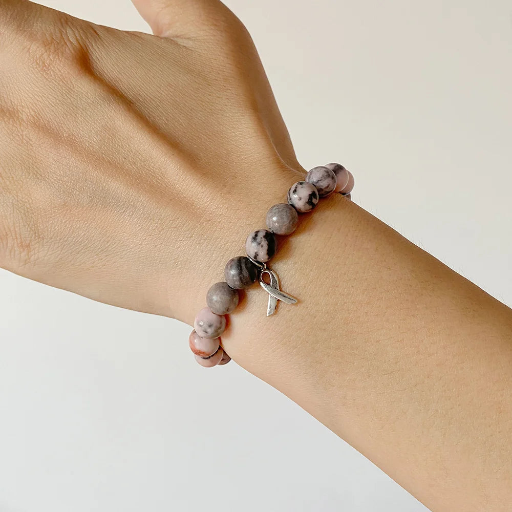 Beautiful Pink Ribbon Charm Breast Cancer Awareness Beads Bracelets