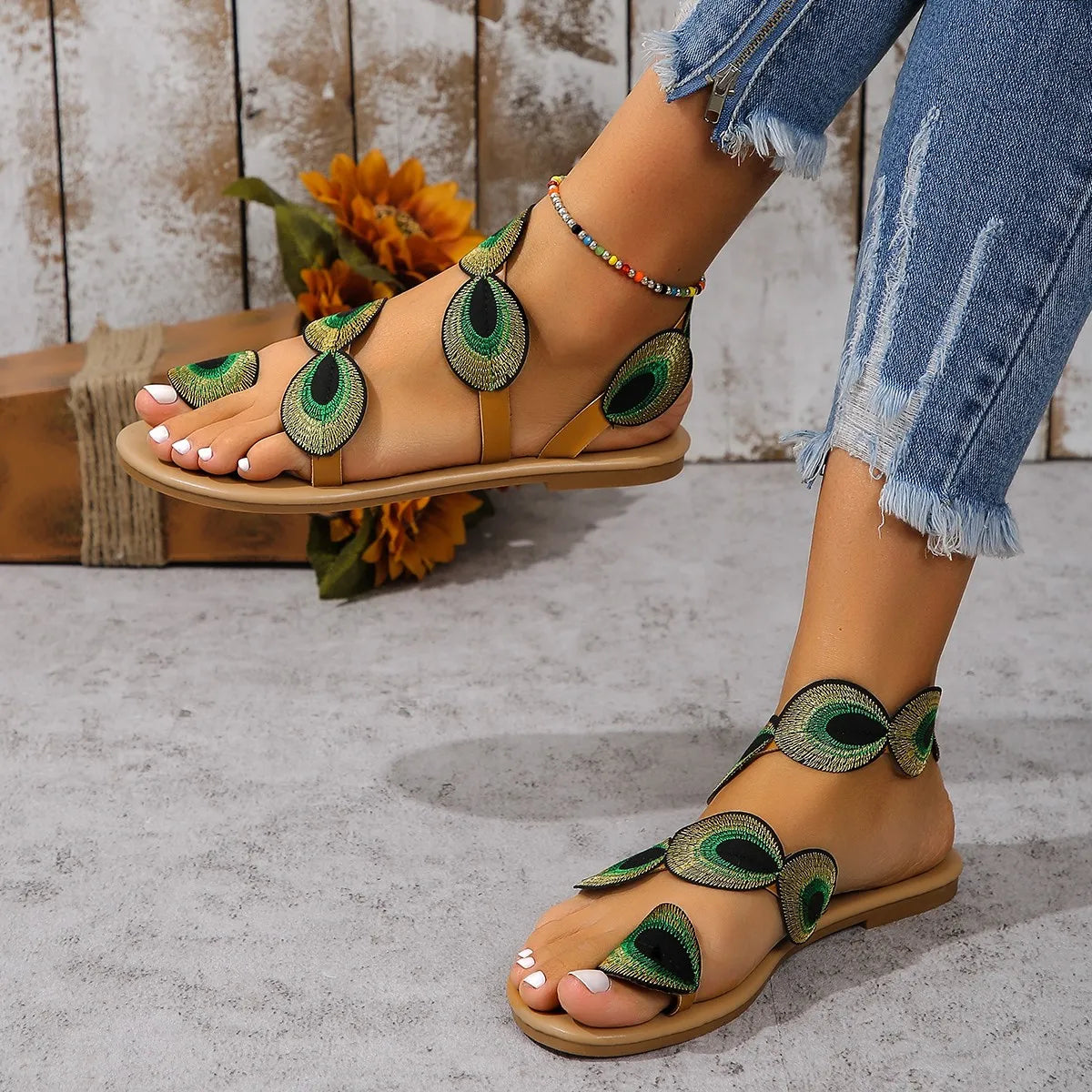 Yellow Embroidered Faux Flower Sandals