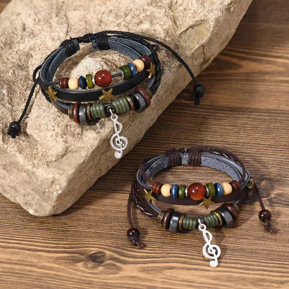 Music Note Charms Metal Star Wood Adjustable Bracelet
