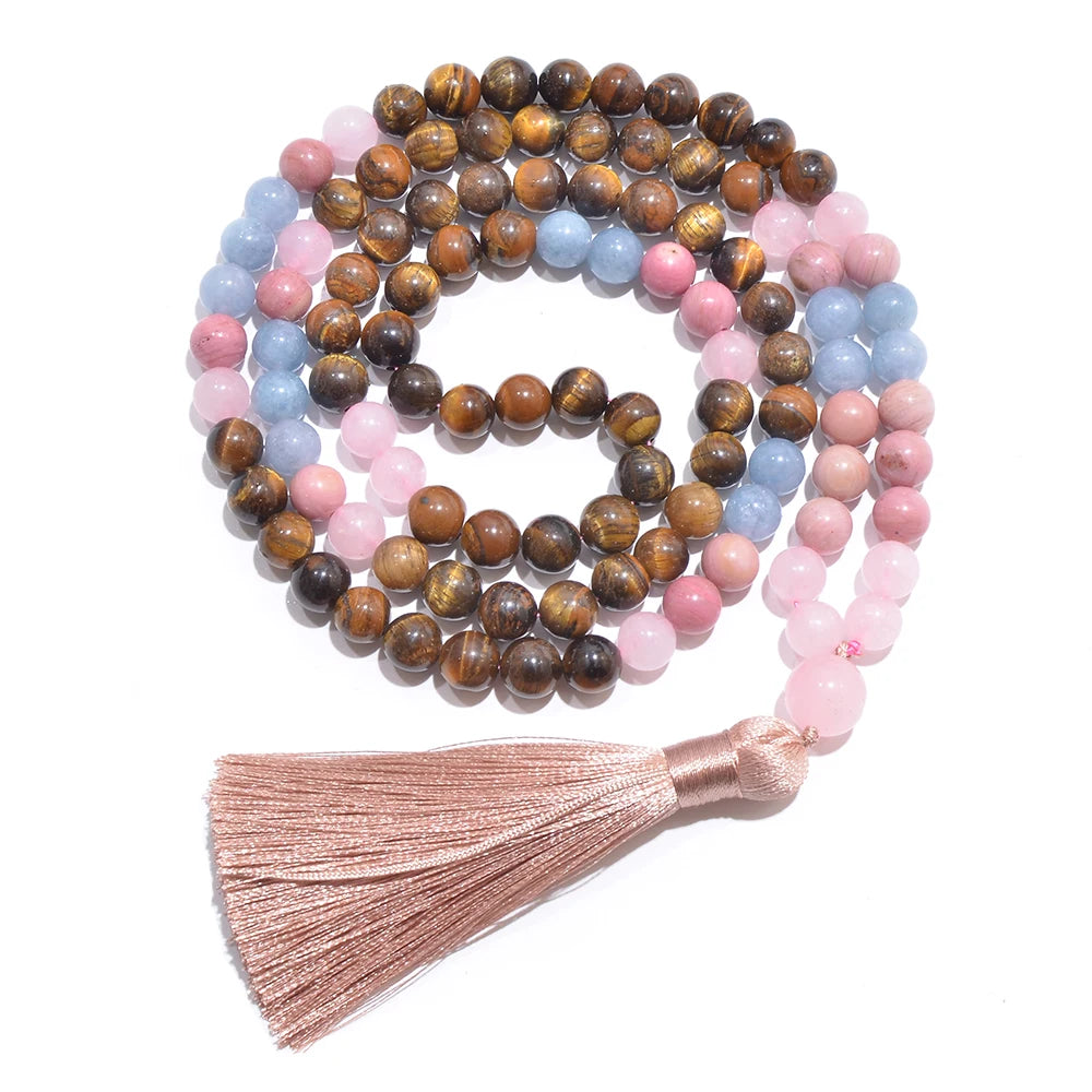 Pink Yellow Tiger Eye Rose Quartz Aquamarine Beads Set
