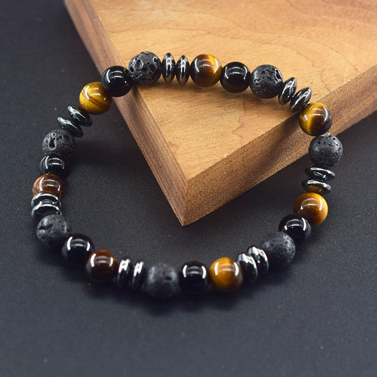 Dark Series Black Natural Labradorite Stone Lava Bead Bracelets