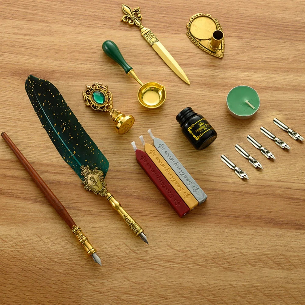 Exquisite Antique Feather Dip Writing Ink Treasure Set