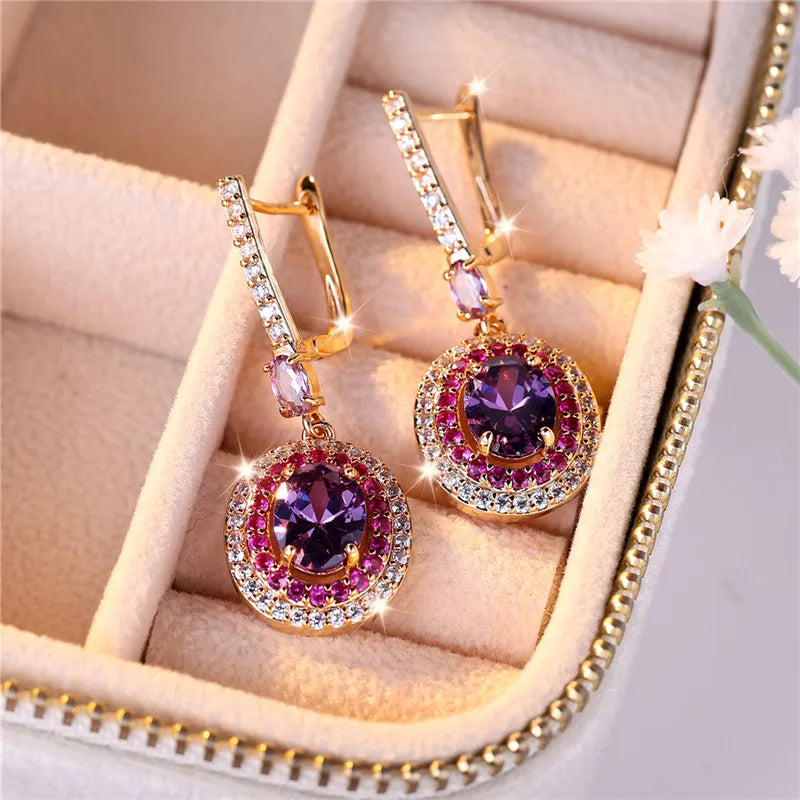 Royal Purple Charm Oval Stone Clip Earrings