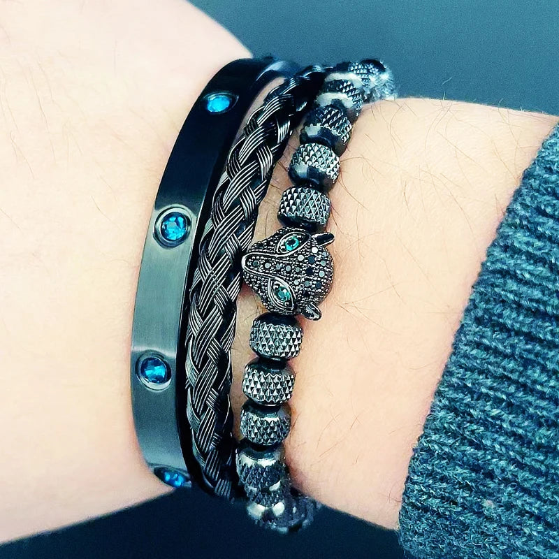 Luxury Green Eye Leopard Head Charm Bracelet Bangles Set