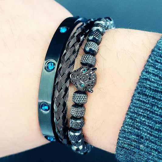 Luxury Green Eye Leopard Head Charm Bracelet Bangles Set