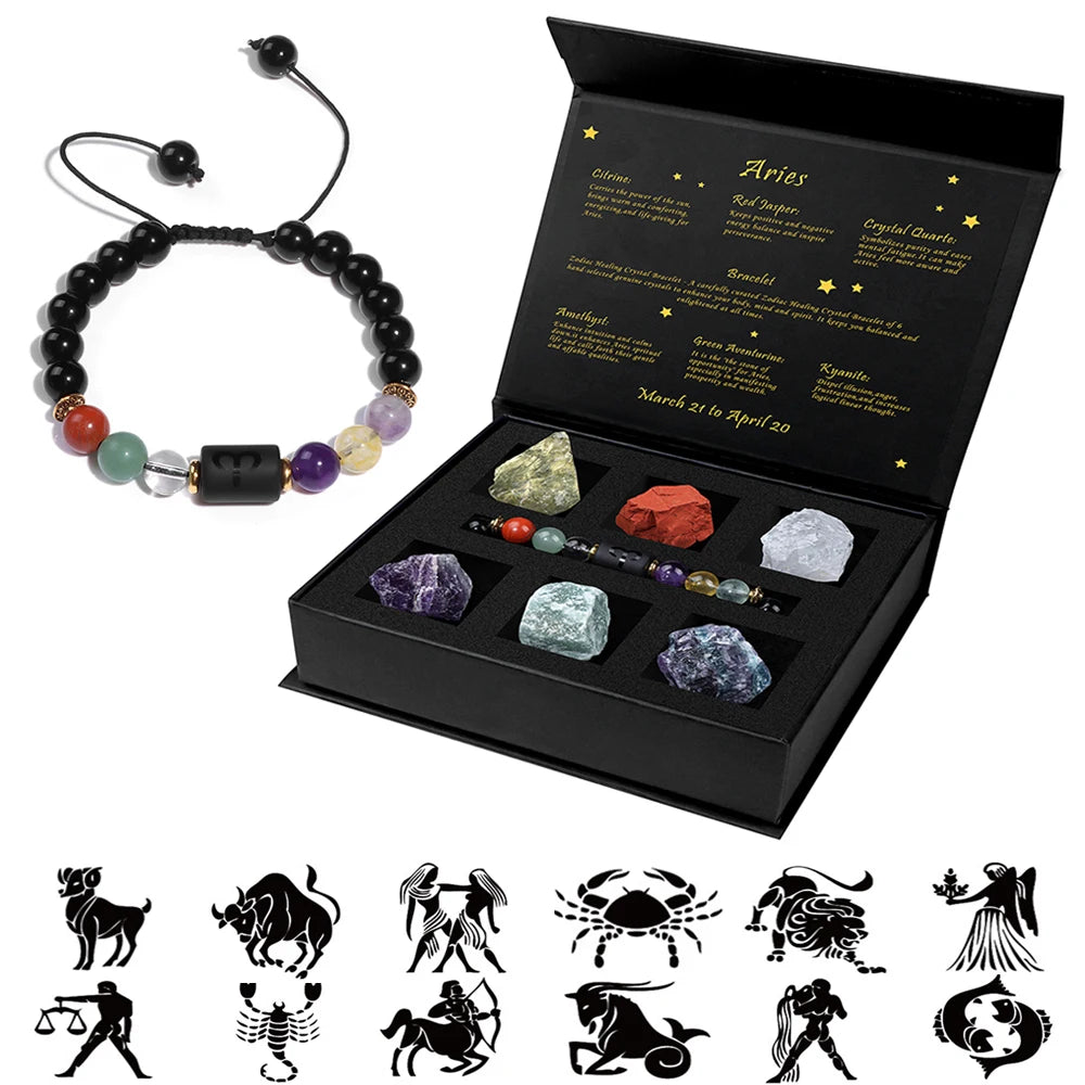 Sacred Constellation Sign Bracelet With Raw Natural Stone Gift Box